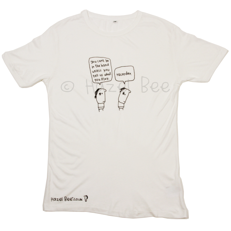 Recorder Bamboo Tee Shirt made from 70% bamboo viscose and 30% cotton, featuring a minimalist design with black ink on white fabric.