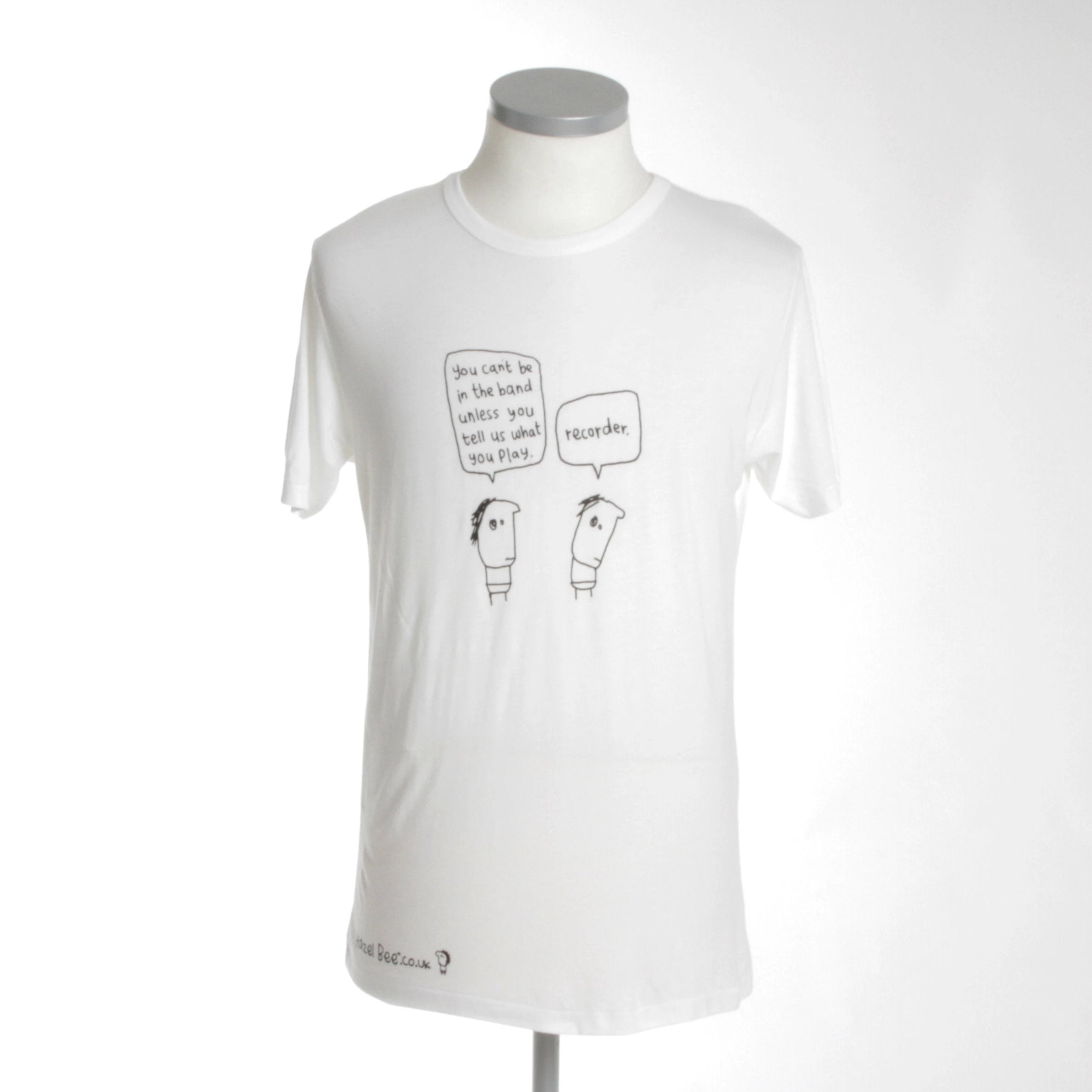 Recorder Bamboo Tee Shirt made from 70% bamboo viscose and 30% cotton, featuring a minimalist design with black ink on white fabric.