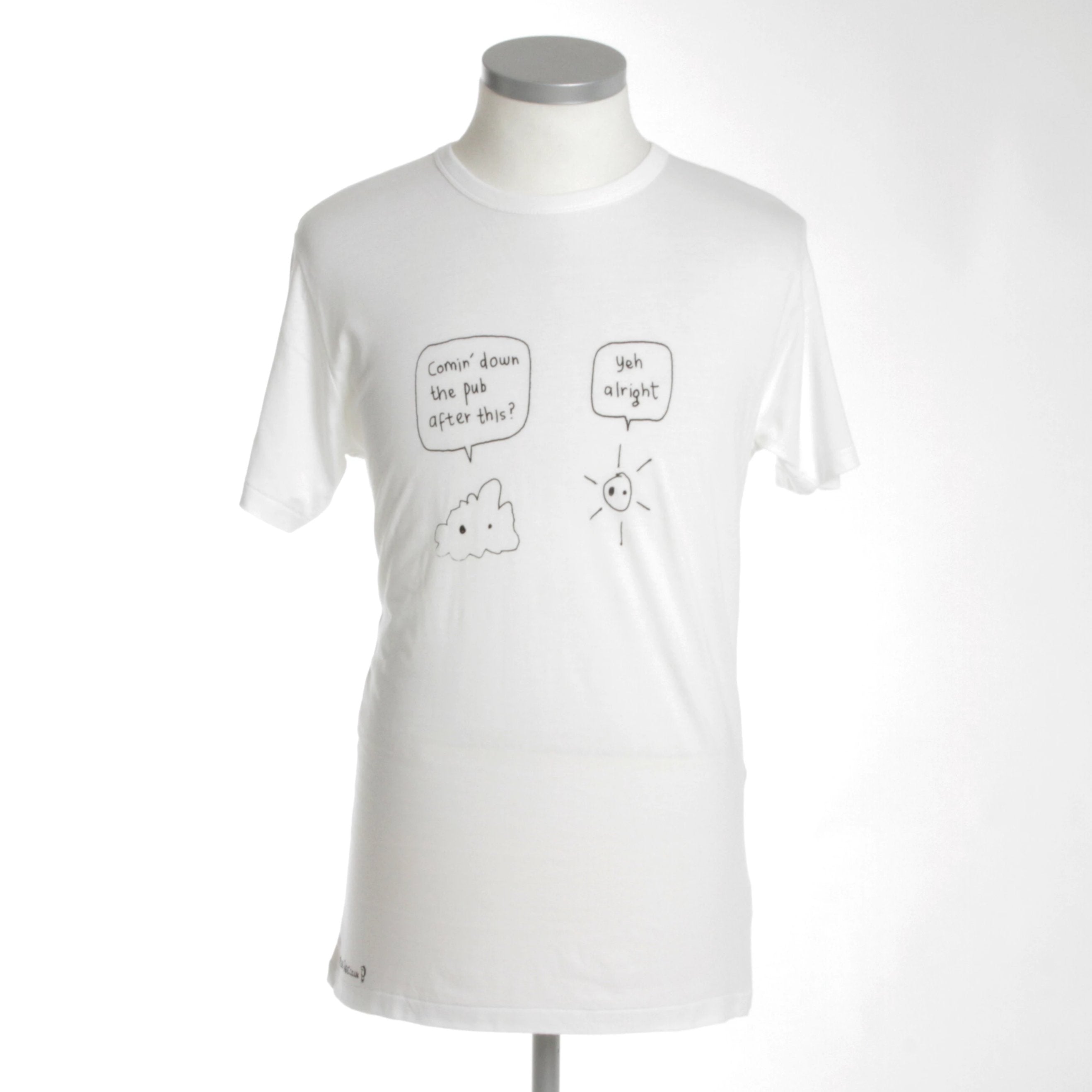 Sun Pub Cloud Bamboo Tee Shirt in white with black ink logo, showcasing a comfortable fit for men and women.