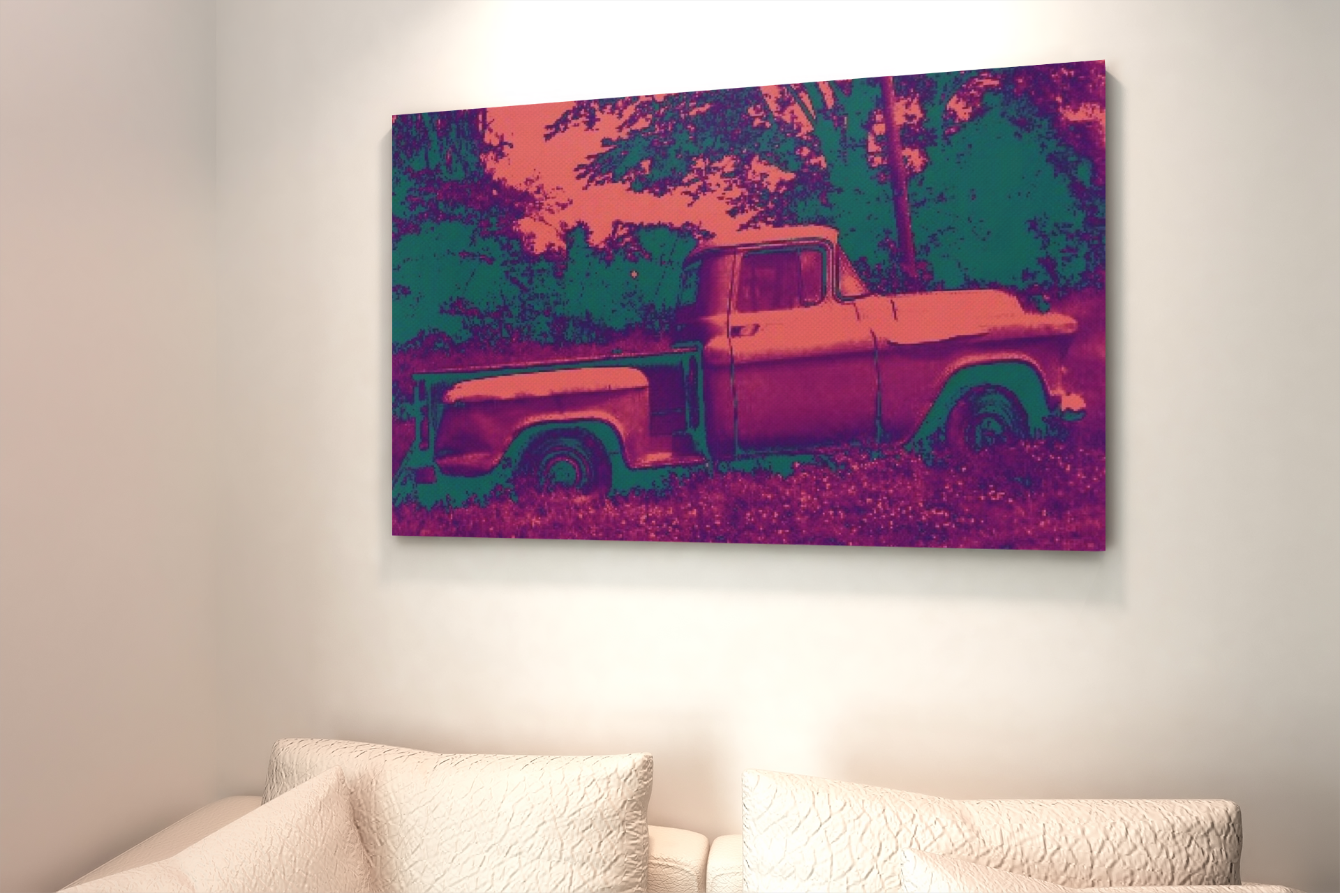 Vibrant pop art print of a 1957 Chevrolet Apache Pickup Truck, showcasing its classic design in bold colors.