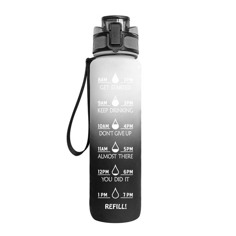 1L Tritan water bottle with time markers and bounce cover, featuring motivational quotes and a secure flip-top lid.