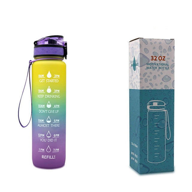 1L Tritan water bottle with time markers and bounce cover, featuring motivational quotes and a secure flip-top lid.