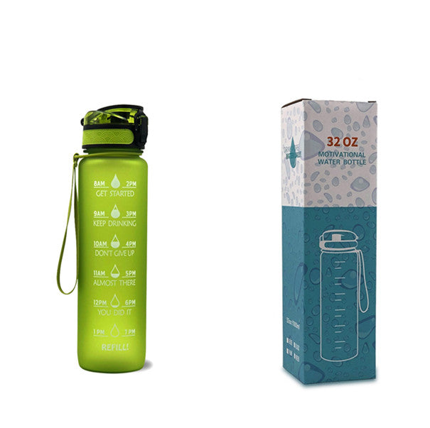 1L Tritan water bottle with time markers and bounce cover, featuring motivational quotes and a secure flip-top lid.