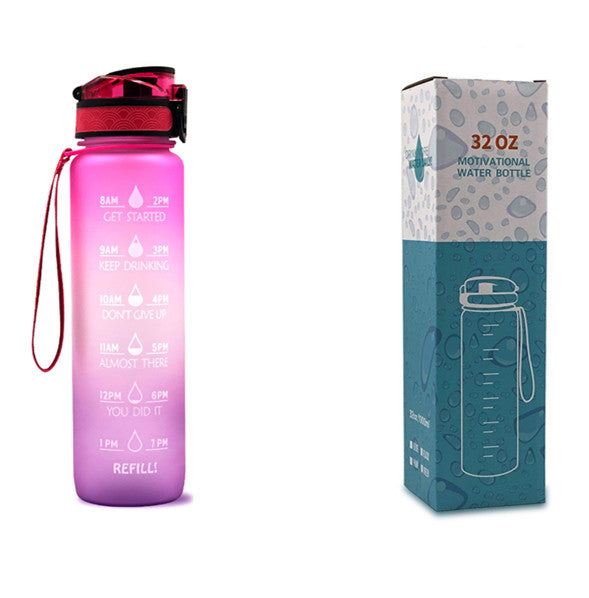 1L Tritan water bottle with time markers and bounce cover, featuring motivational quotes and a secure flip-top lid.