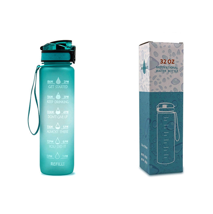 1L Tritan water bottle with time markers and bounce cover, featuring motivational quotes and a secure flip-top lid.