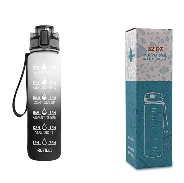 1L Tritan water bottle with time markers and bounce cover, featuring motivational quotes and a secure flip-top lid.