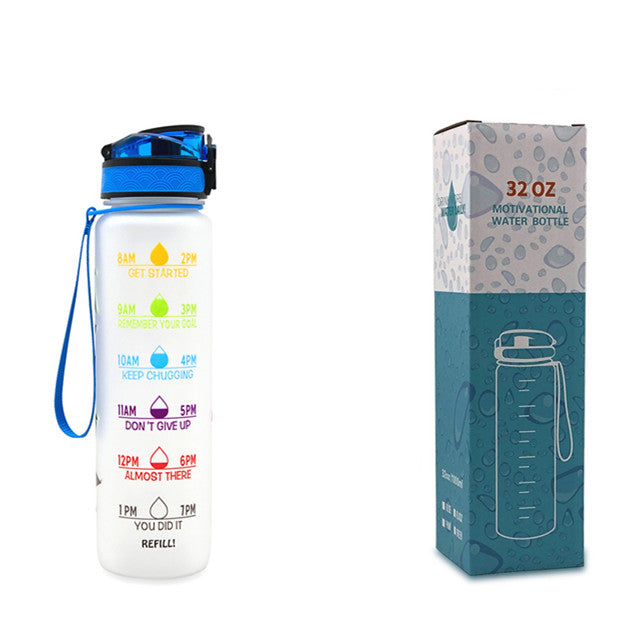 1L Tritan water bottle with time markers and bounce cover, featuring motivational quotes and a secure flip-top lid.