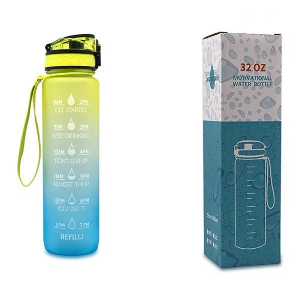 1L Tritan water bottle with time markers and bounce cover, featuring motivational quotes and a secure flip-top lid.