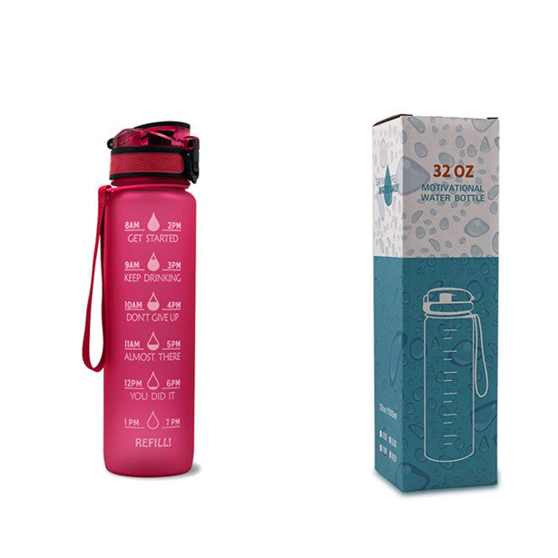 1L Tritan water bottle with time markers and bounce cover, featuring motivational quotes and a secure flip-top lid.