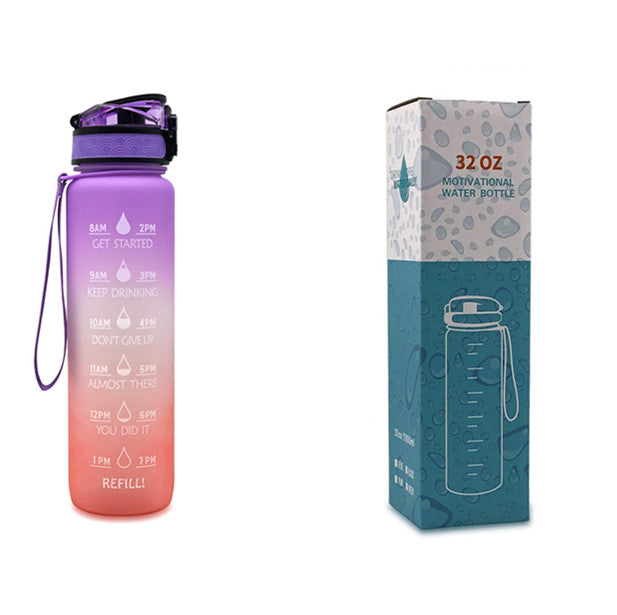 1L Tritan water bottle with time markers and bounce cover, featuring motivational quotes and a secure flip-top lid.