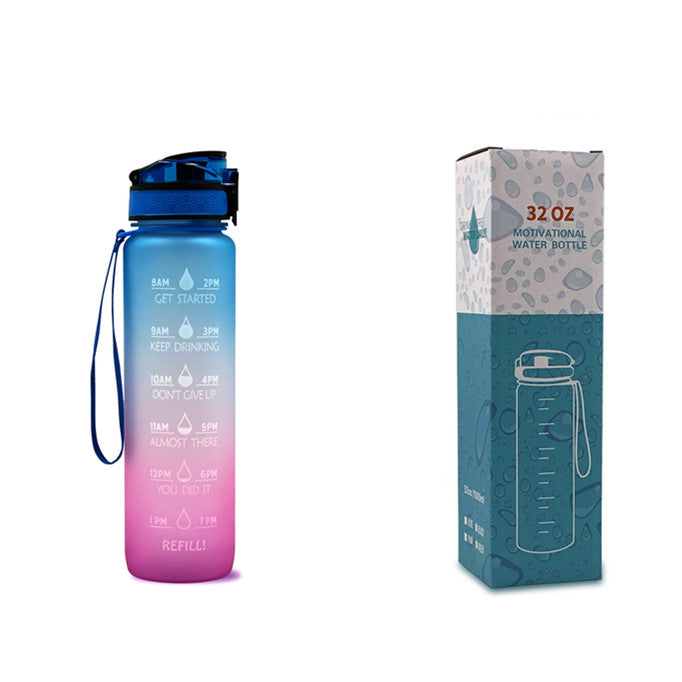 1L Tritan water bottle with time markers and bounce cover, featuring motivational quotes and a secure flip-top lid.