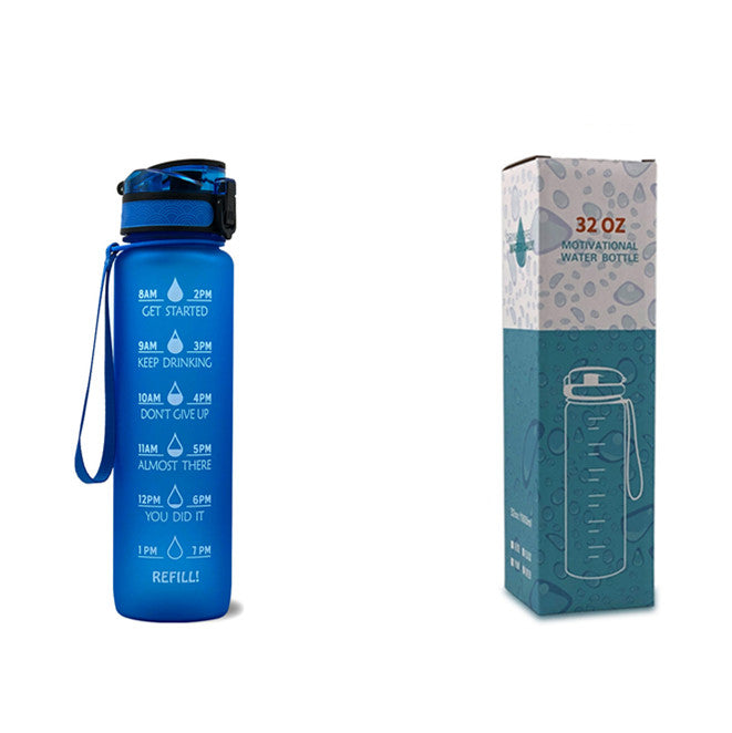 1L Tritan water bottle with time markers and bounce cover, featuring motivational quotes and a secure flip-top lid.