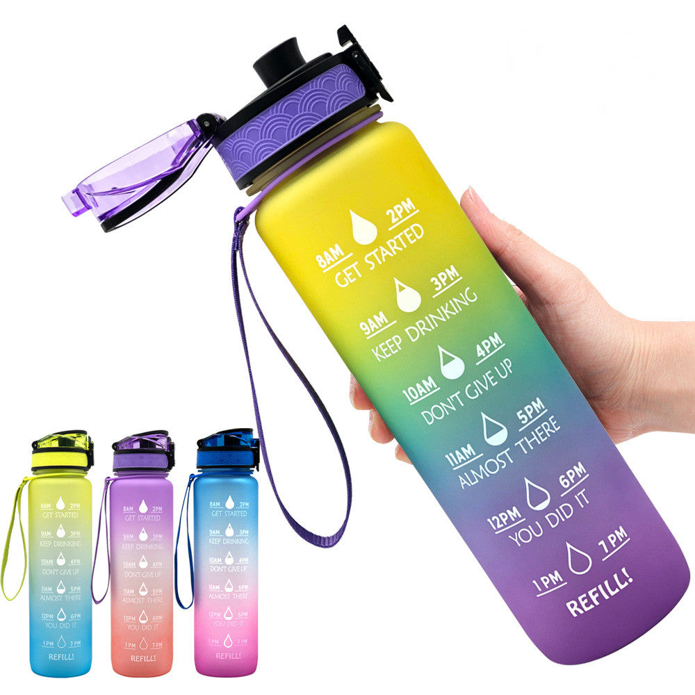 1L Tritan water bottle with time markers and bounce cover, featuring motivational quotes and a secure flip-top lid.