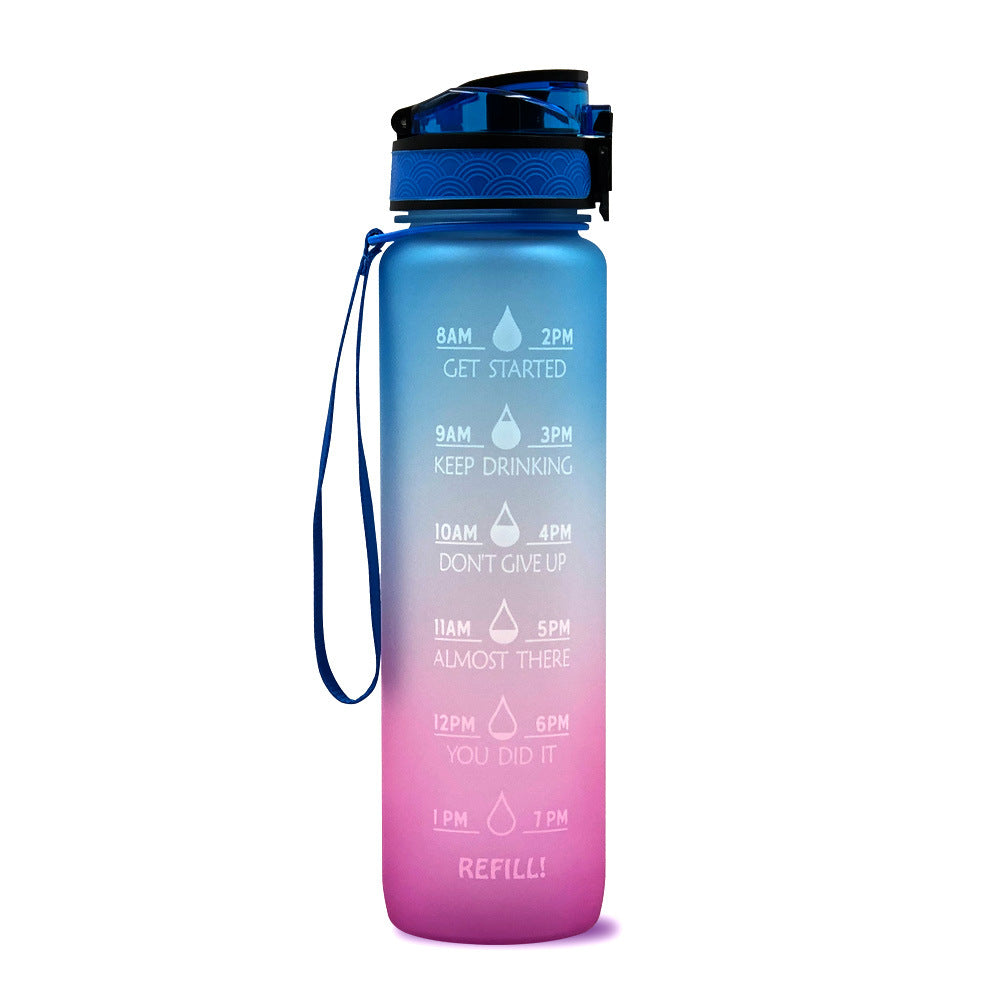 1L Tritan water bottle with time markers and bounce cover, featuring motivational quotes and a secure flip-top lid.