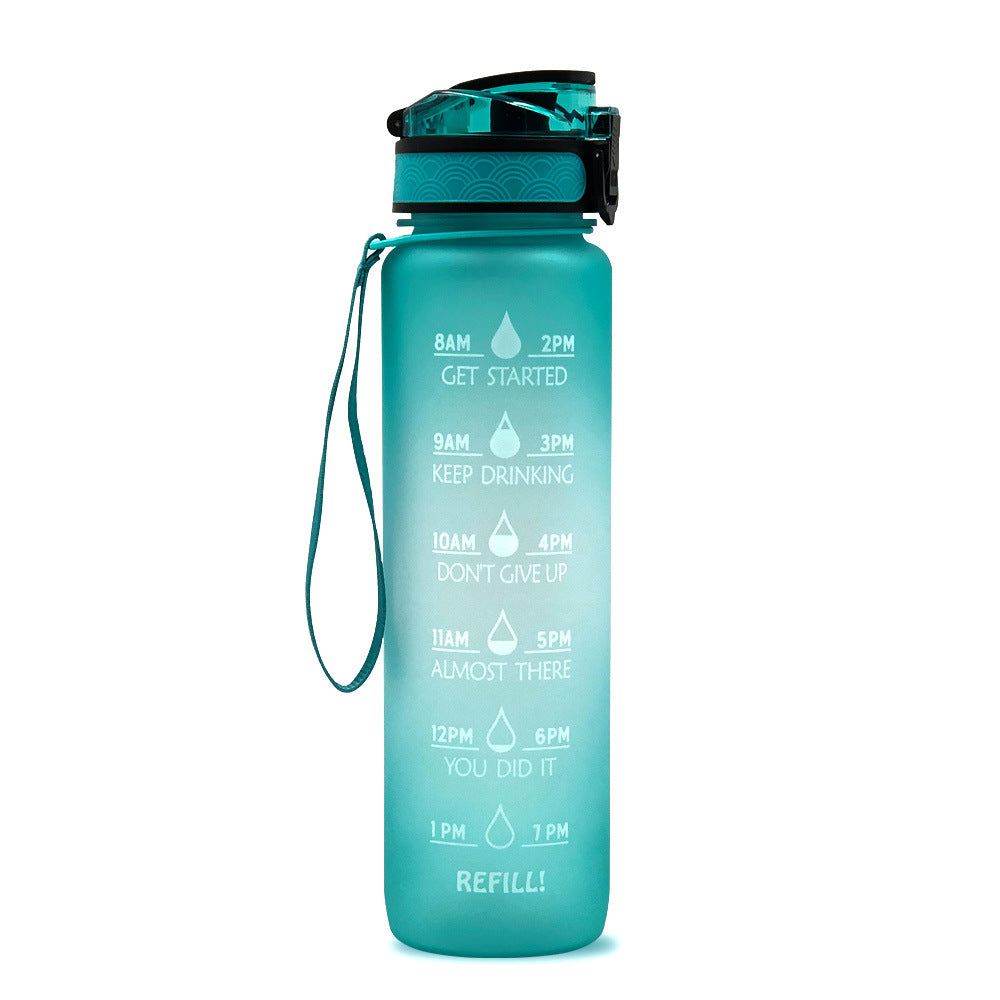 1L Tritan water bottle with time markers and bounce cover, featuring motivational quotes and a secure flip-top lid.