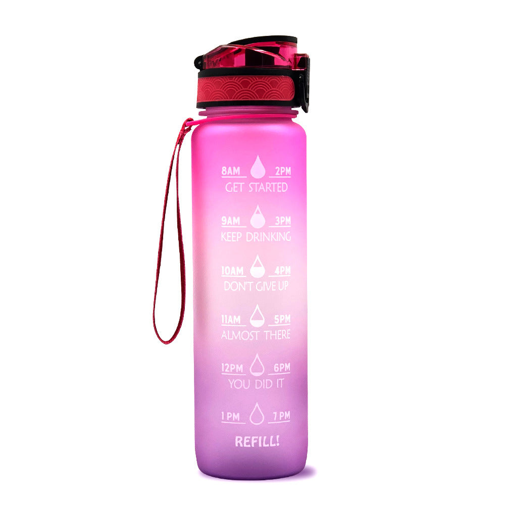 1L Tritan water bottle with time markers and bounce cover, featuring motivational quotes and a secure flip-top lid.