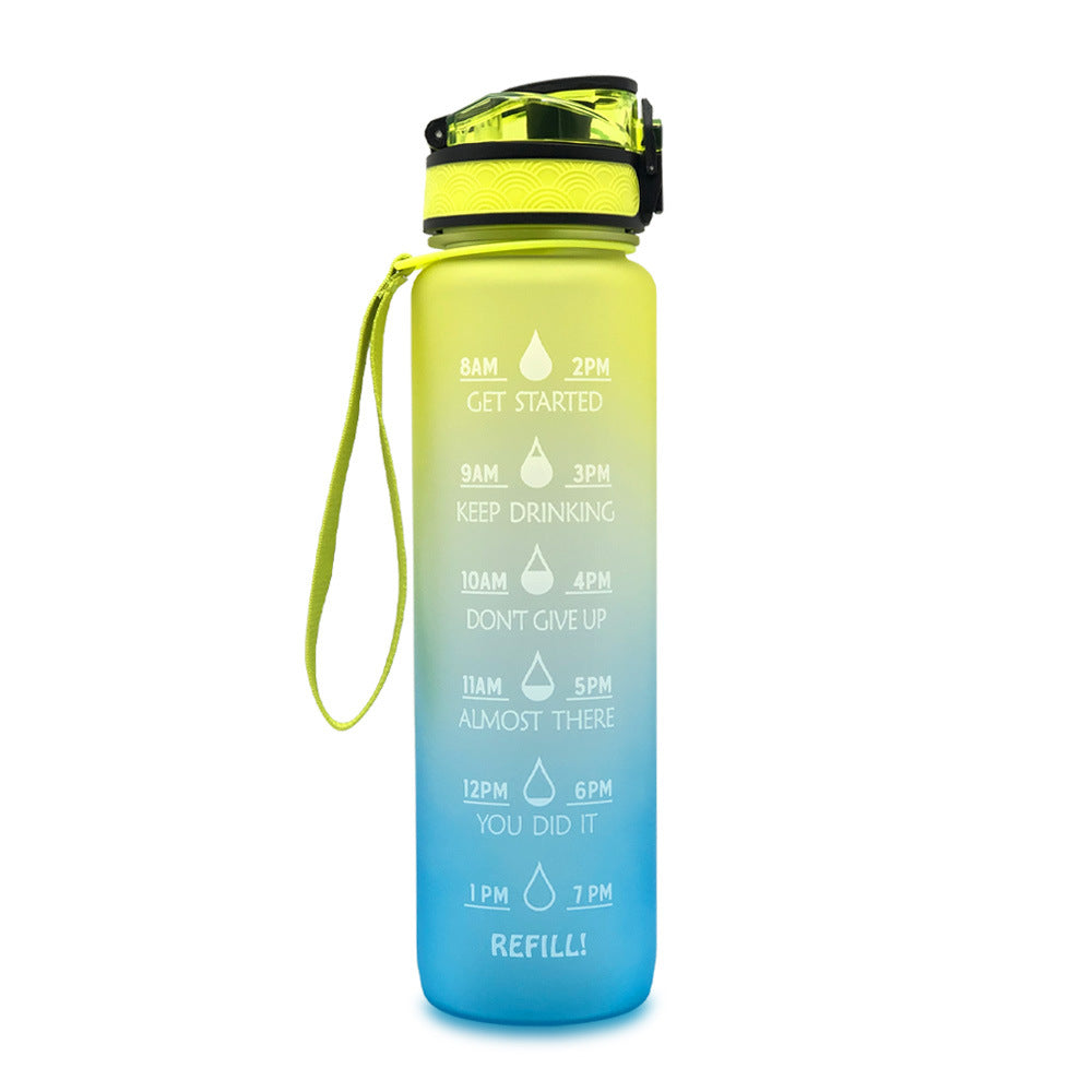 1L Tritan water bottle with time markers and bounce cover, featuring motivational quotes and a secure flip-top lid.