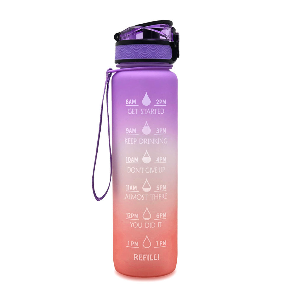 1L Tritan water bottle with time markers and bounce cover, featuring motivational quotes and a secure flip-top lid.