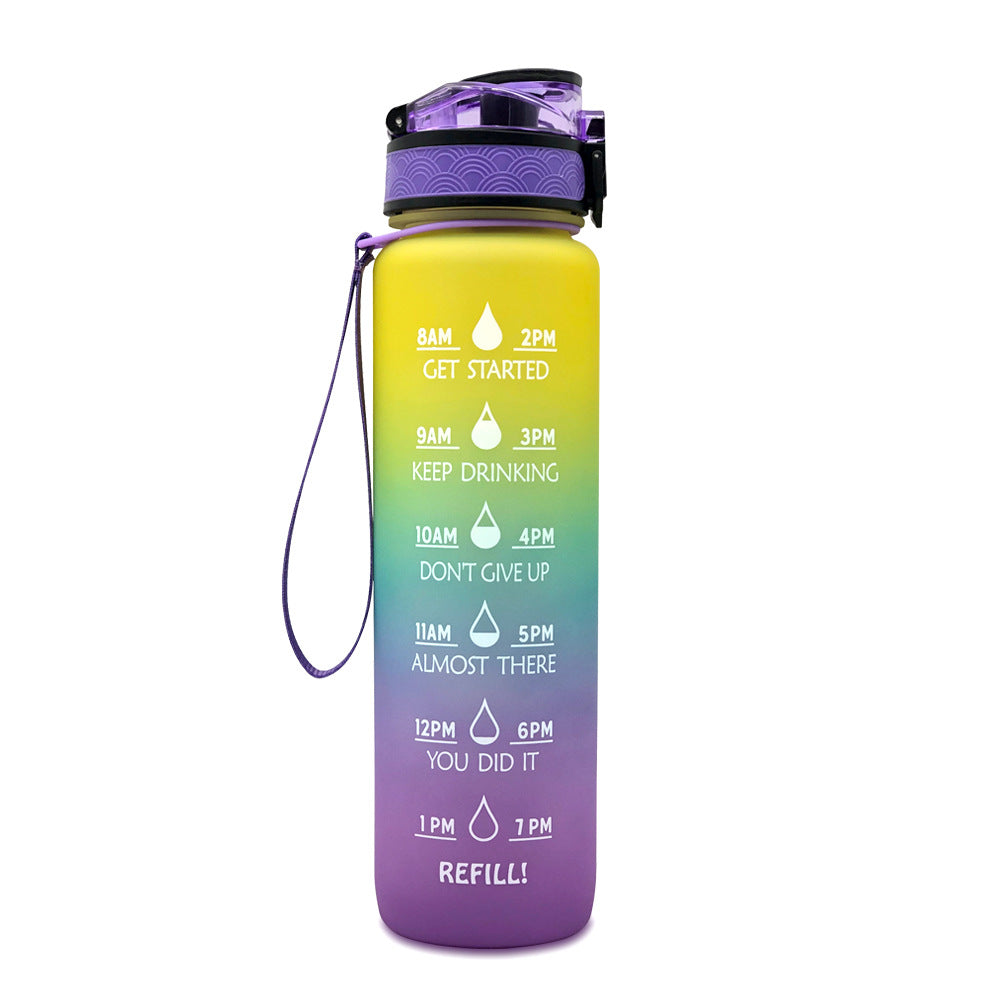 1L Tritan water bottle with time markers and bounce cover, featuring motivational quotes and a secure flip-top lid.