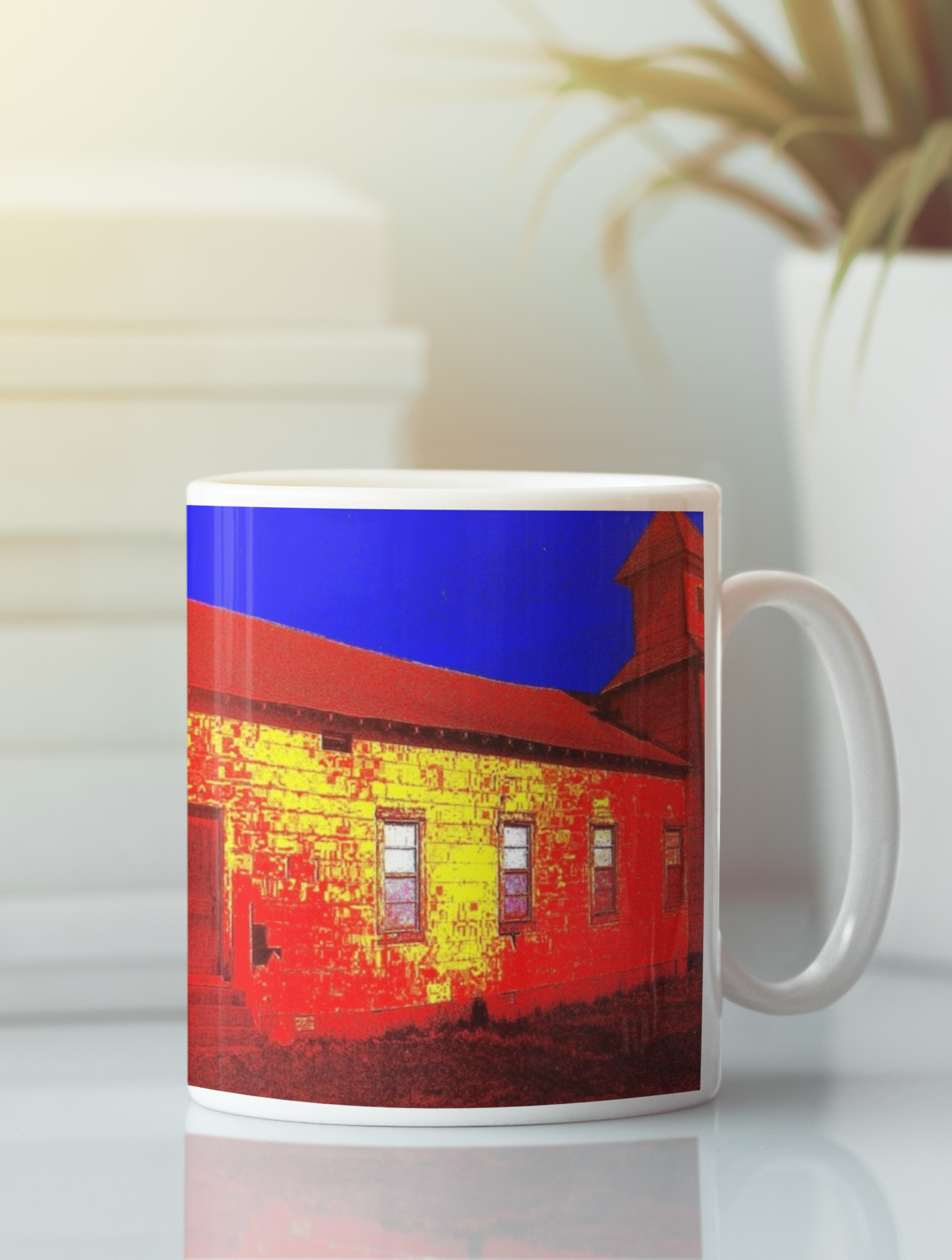 Abandoned Church Pop Art Coffee Mug featuring vibrant colors and unique design, perfect for coffee and tea lovers.