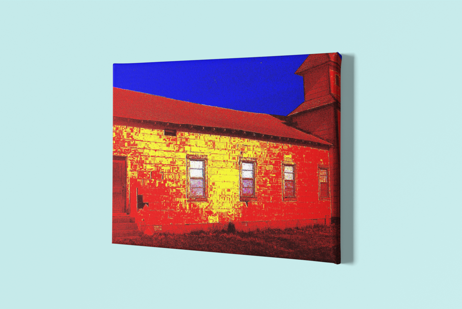 A vibrant pop art print of an abandoned church in the countryside, showcasing its unique architecture and expressive colors.