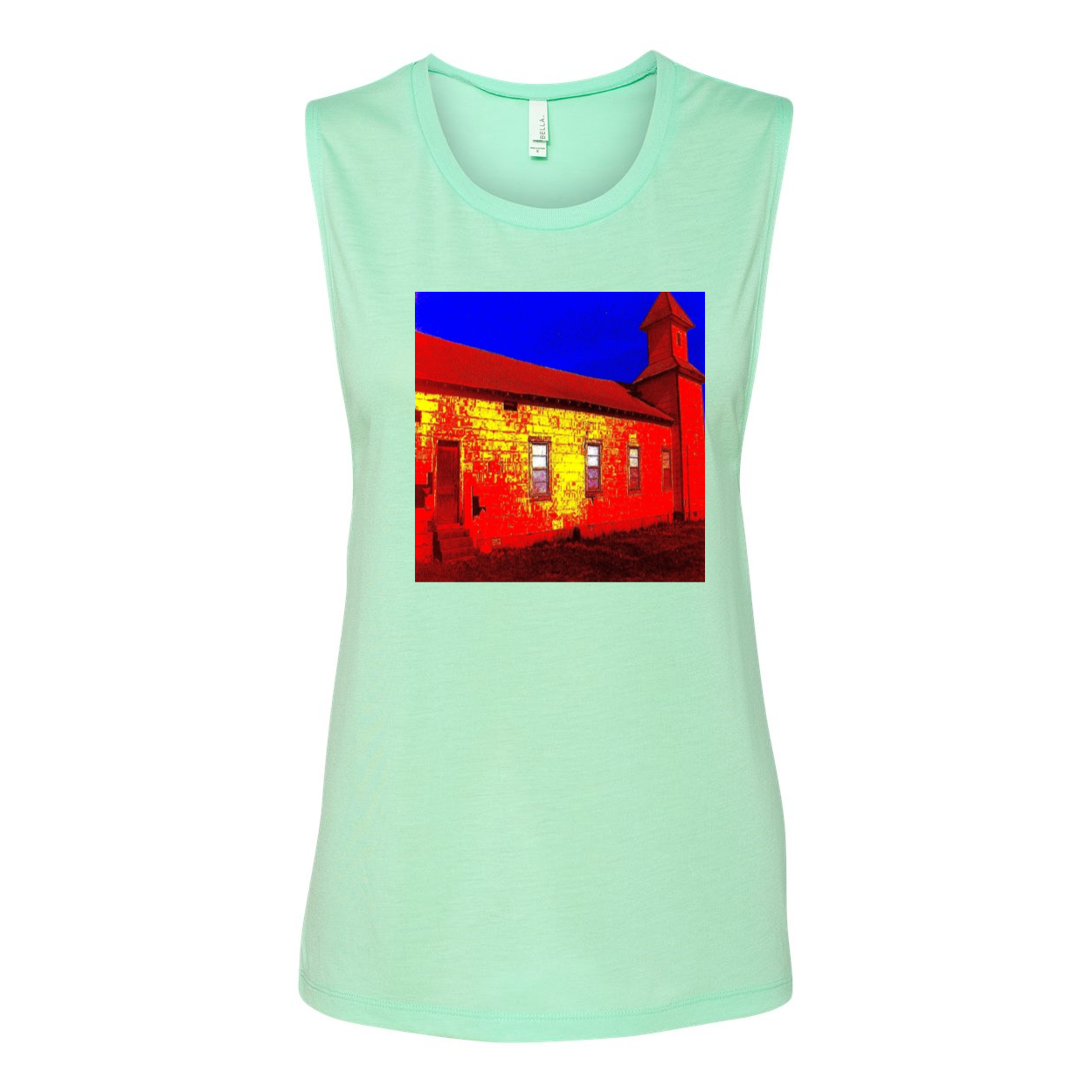 Abandoned Church Women's Flowy Muscle Tank Top in various colors, showcasing low cut armholes and curved bottom hem.