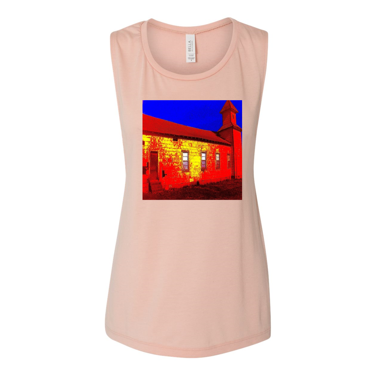 Abandoned Church Women's Flowy Muscle Tank Top in various colors, showcasing low cut armholes and curved bottom hem.