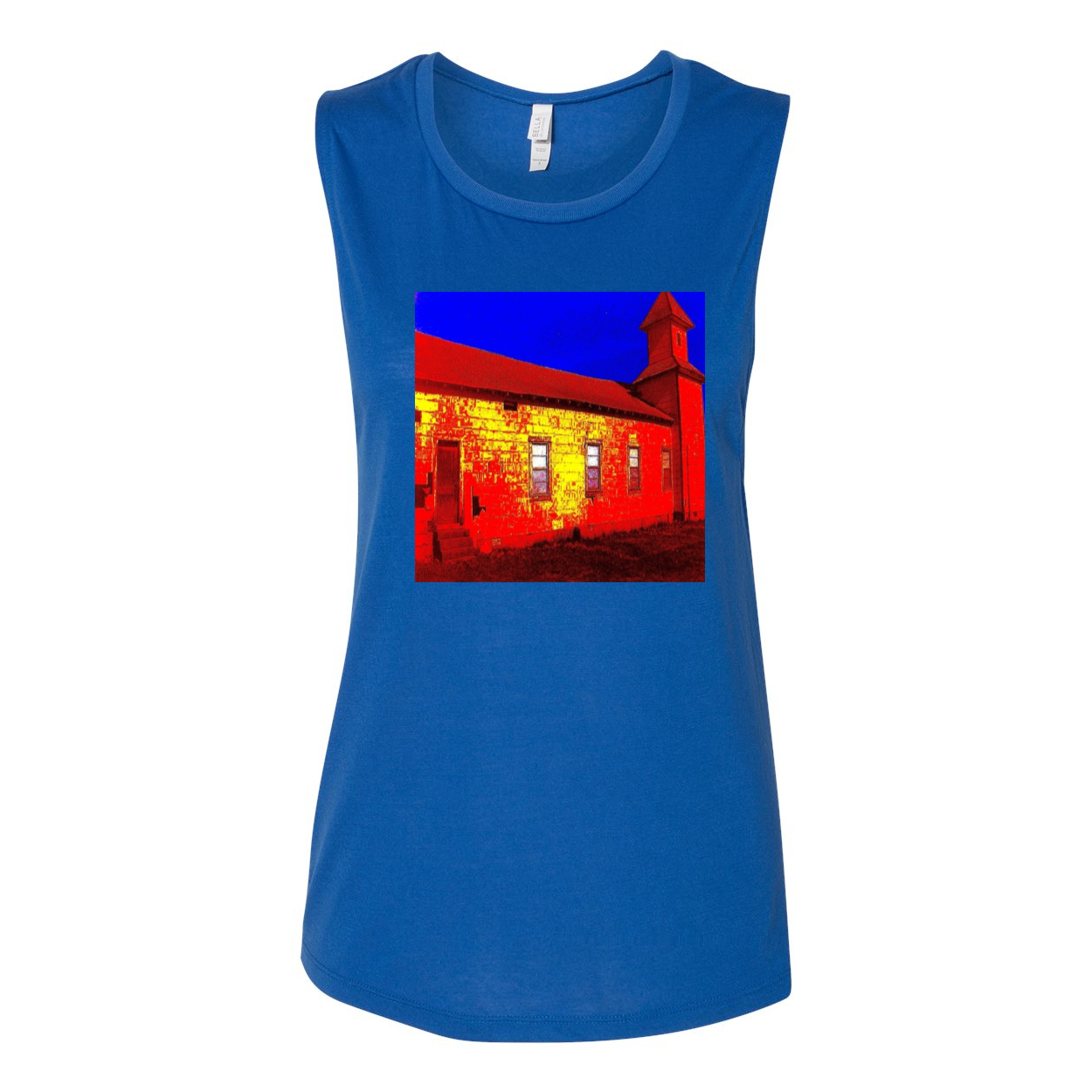 Abandoned Church Women's Flowy Muscle Tank Top in various colors, showcasing low cut armholes and curved bottom hem.