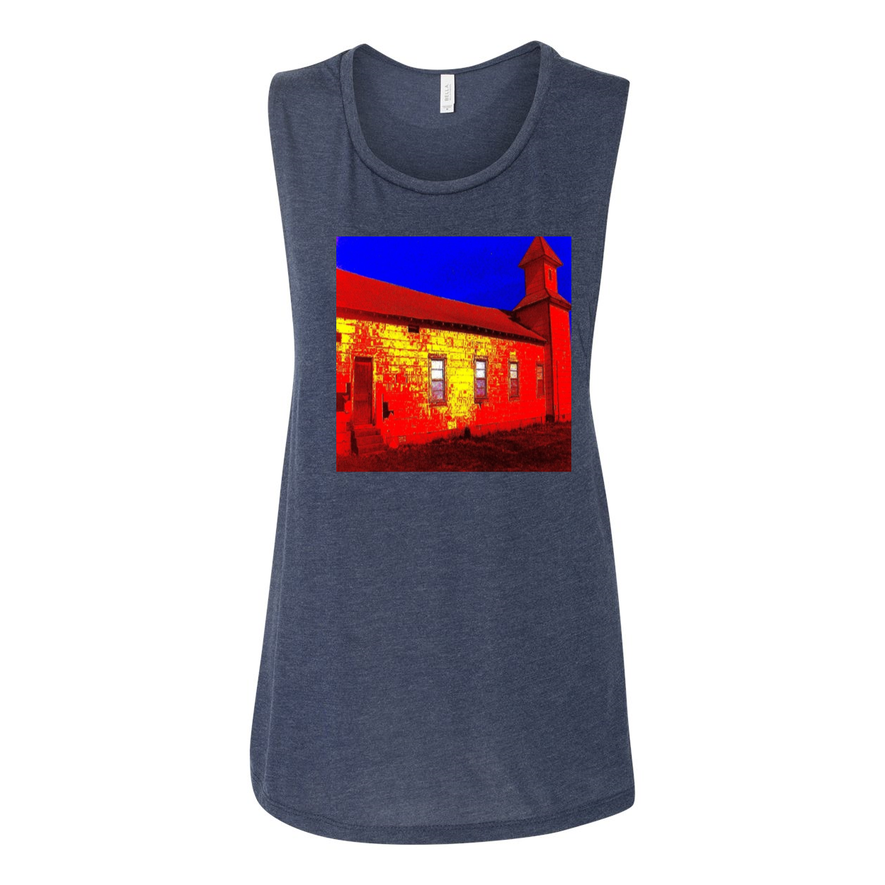 Abandoned Church Women's Flowy Muscle Tank Top in various colors, showcasing low cut armholes and curved bottom hem.