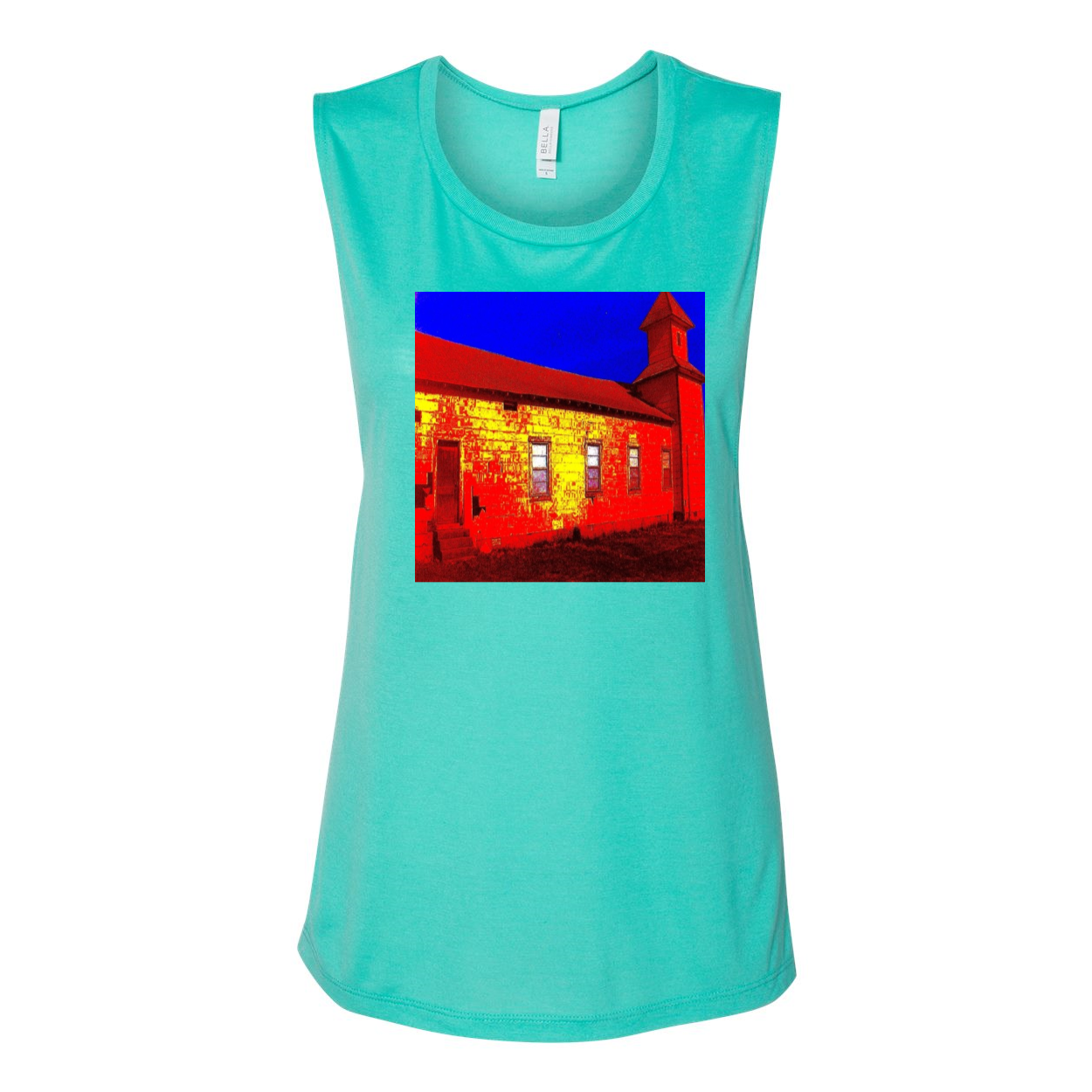 Abandoned Church Women's Flowy Muscle Tank Top in various colors, showcasing low cut armholes and curved bottom hem.