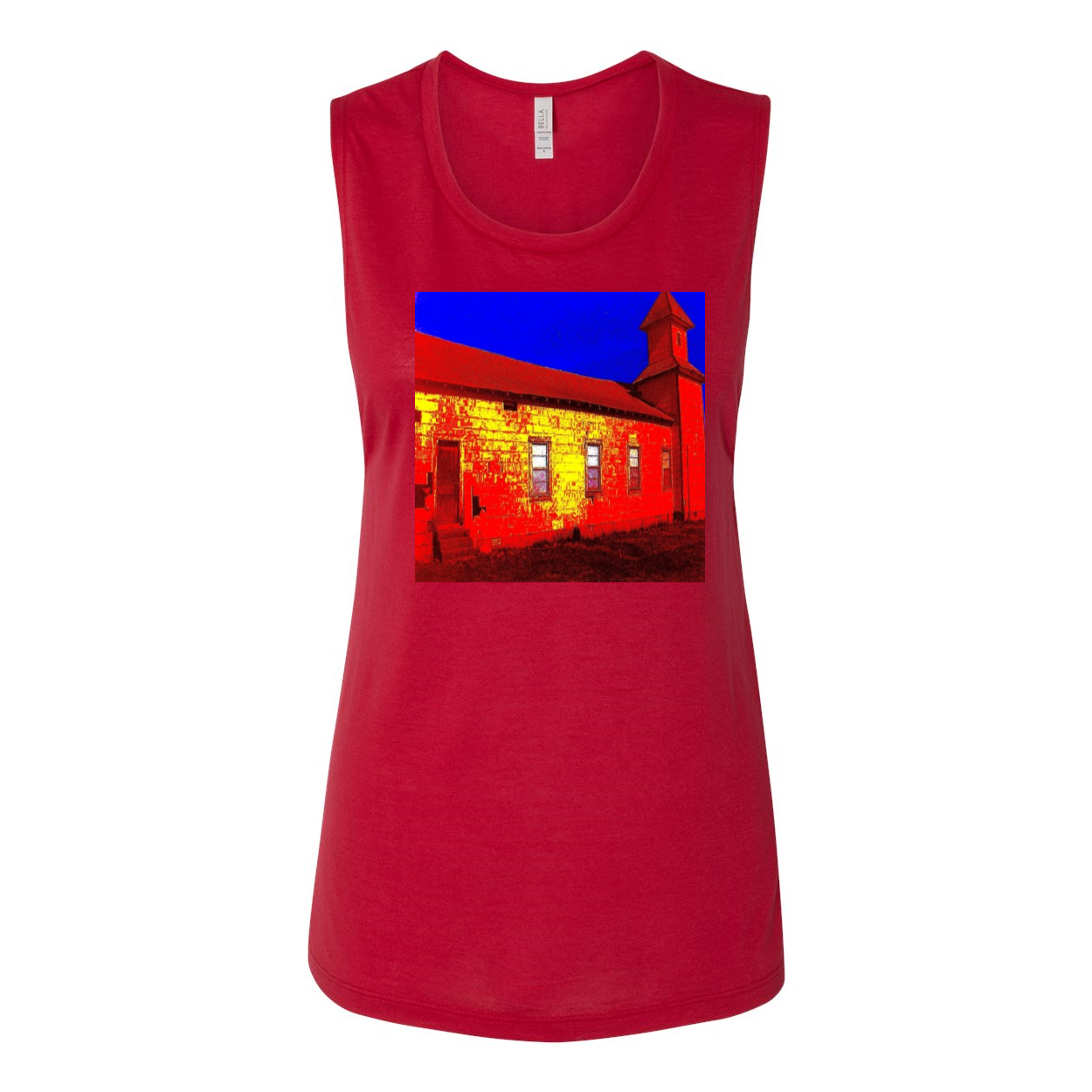 Abandoned Church Women's Flowy Muscle Tank Top in various colors, showcasing low cut armholes and curved bottom hem.