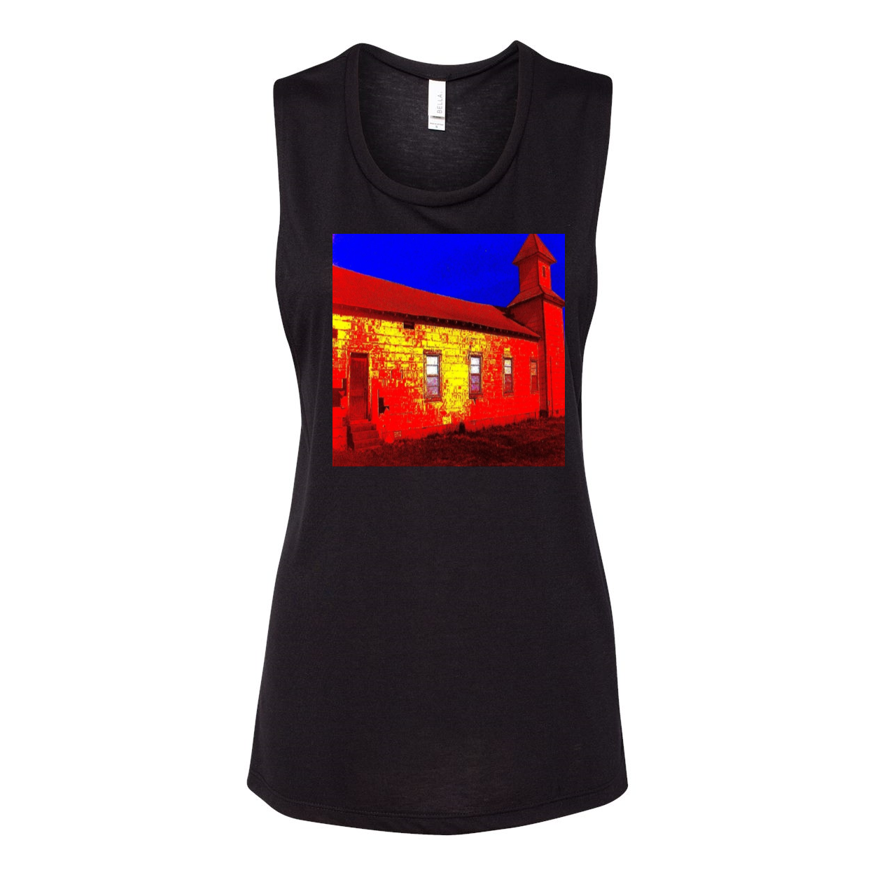 Abandoned Church Women's Flowy Muscle Tank Top in various colors, showcasing low cut armholes and curved bottom hem.