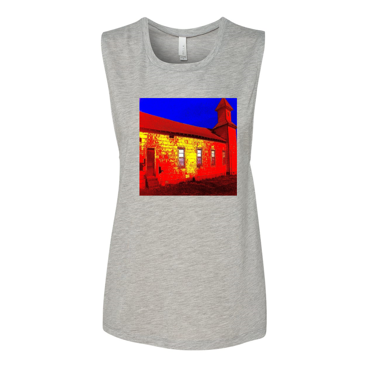 Abandoned Church Women's Flowy Muscle Tank Top in various colors, showcasing low cut armholes and curved bottom hem.