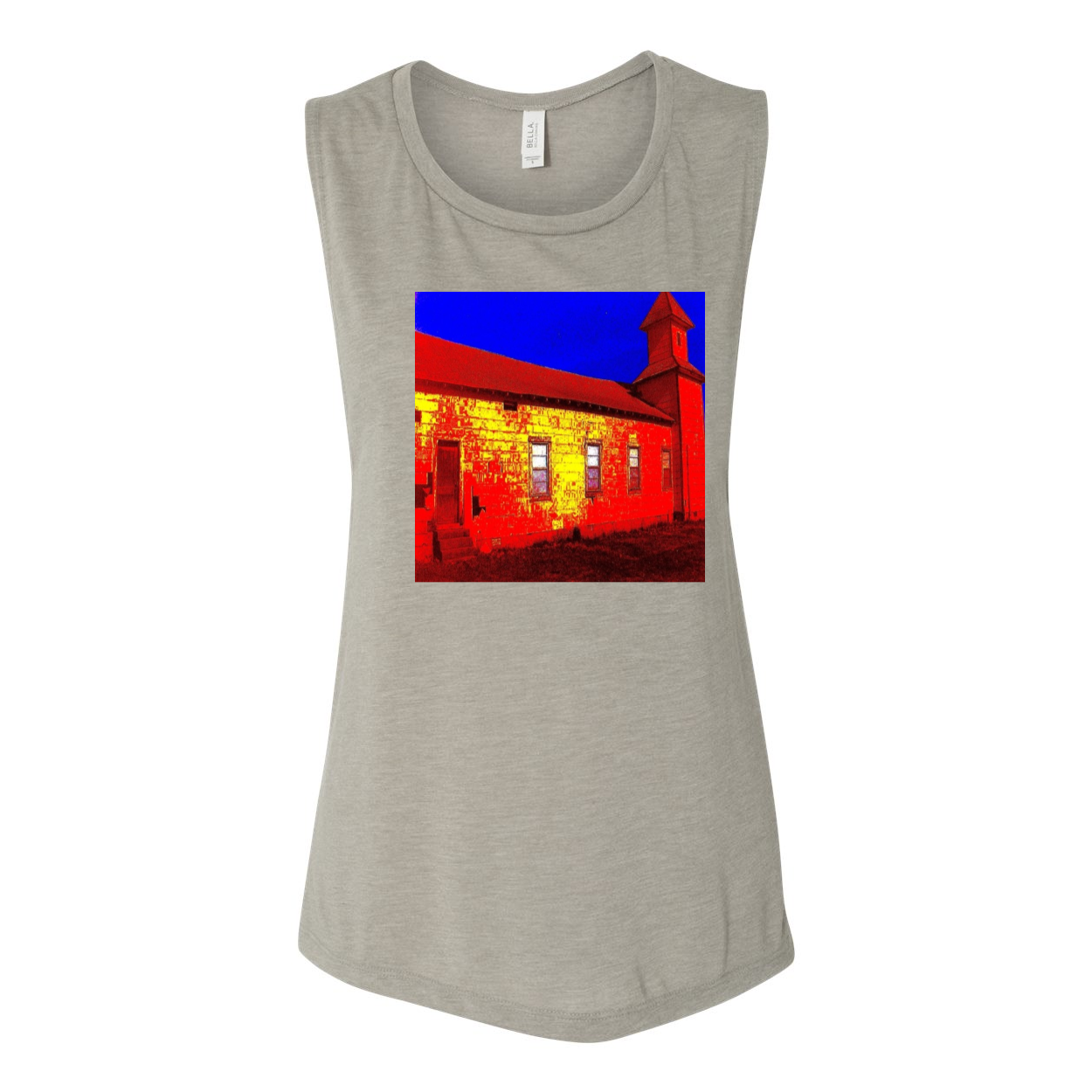 Abandoned Church Women's Flowy Muscle Tank Top in various colors, showcasing low cut armholes and curved bottom hem.