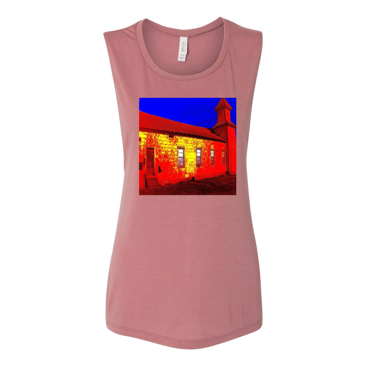 Abandoned Church Women's Flowy Muscle Tank Top in various colors, showcasing low cut armholes and curved bottom hem.