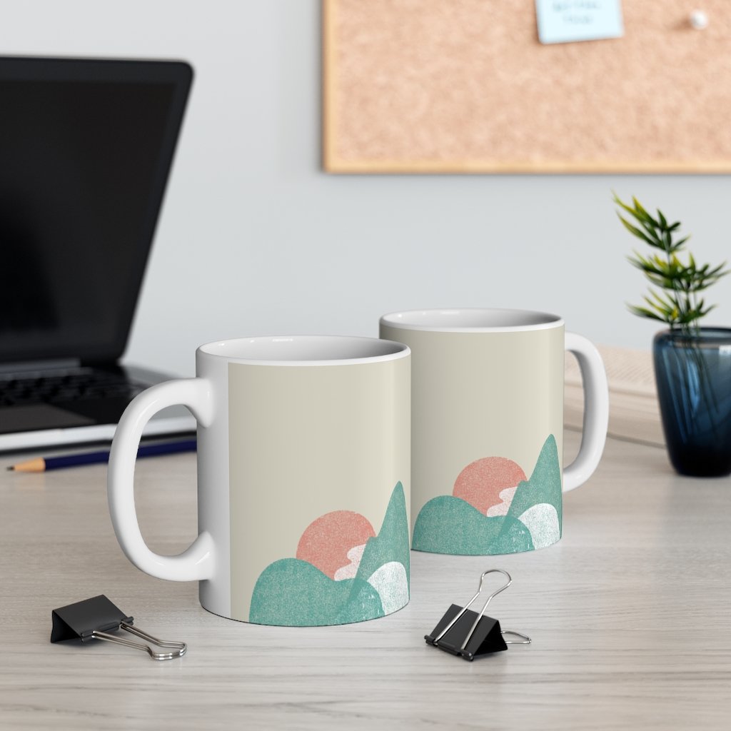 Abstract Landscape Coffee Tea Mug in white ceramic with rounded corners and C-handle, perfect for coffee, tea, and hot chocolate.