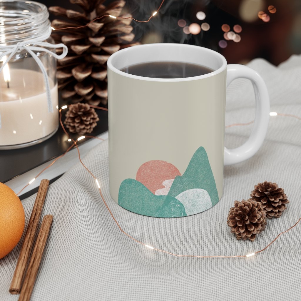 Abstract Landscape Coffee Tea Mug in white ceramic with rounded corners and C-handle, perfect for coffee, tea, and hot chocolate.