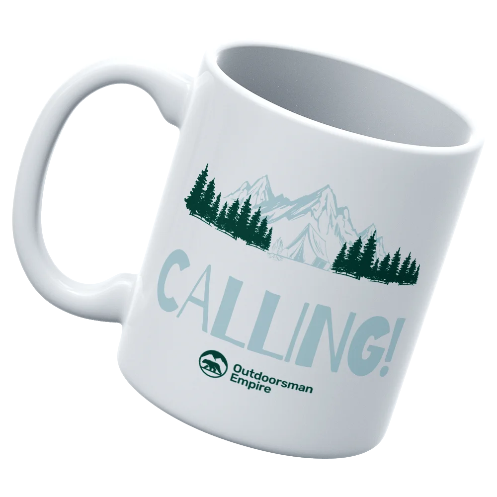 Adventure Camping White 11oz Mug with UV printed designs, showcasing its sturdy ceramic build and glazed finish.