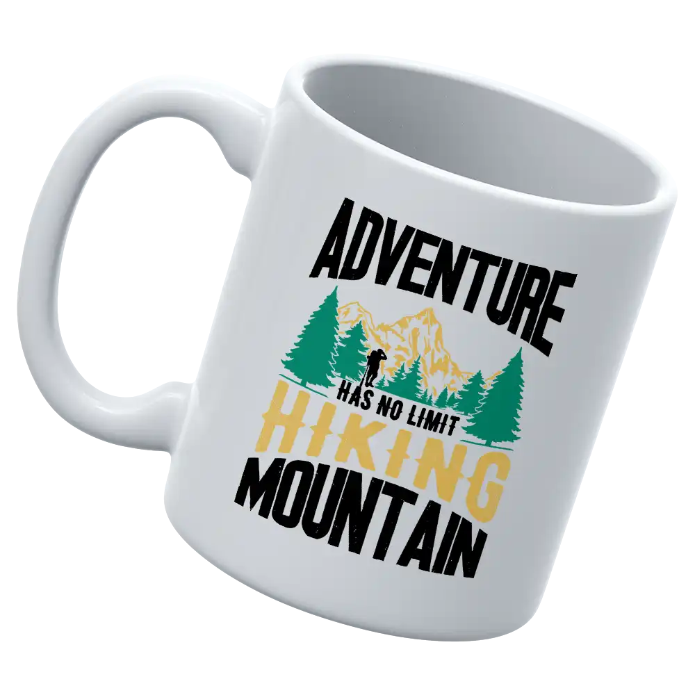 Adventure Has No Limit 11oz Mug with vibrant UV printed design, showcasing its sturdy ceramic build and glazed finish.