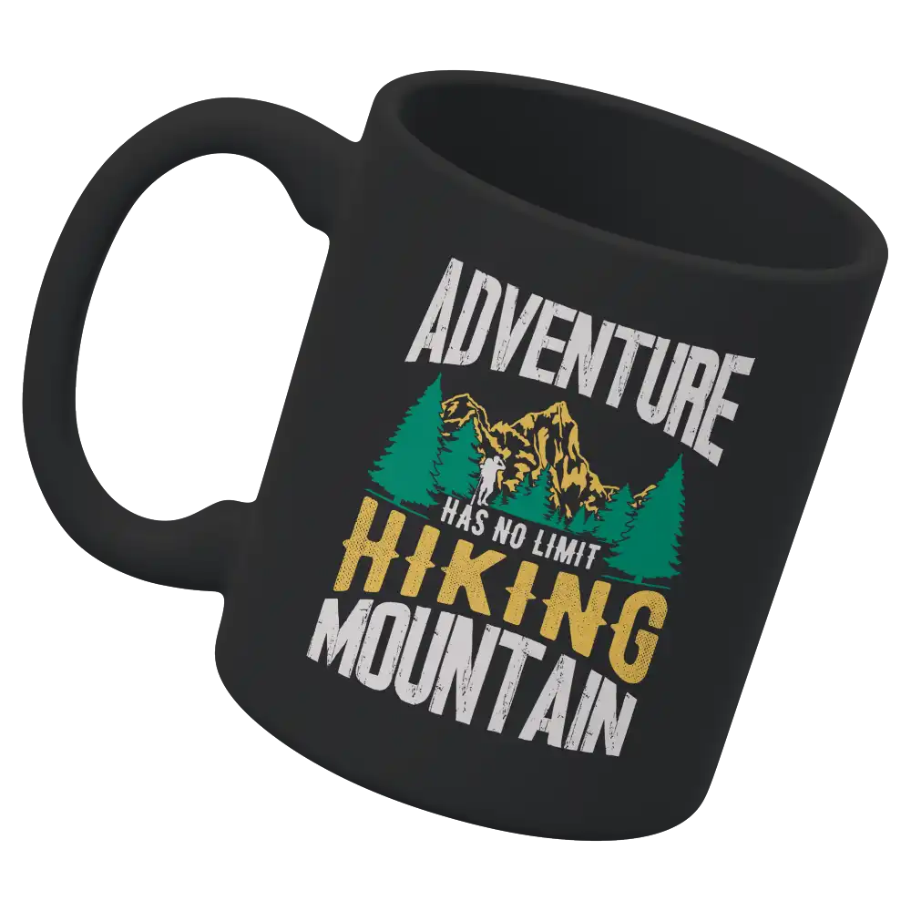 Adventure Has No Limit 11oz Mug with vibrant UV printed design, showcasing its sturdy ceramic build and glazed finish.