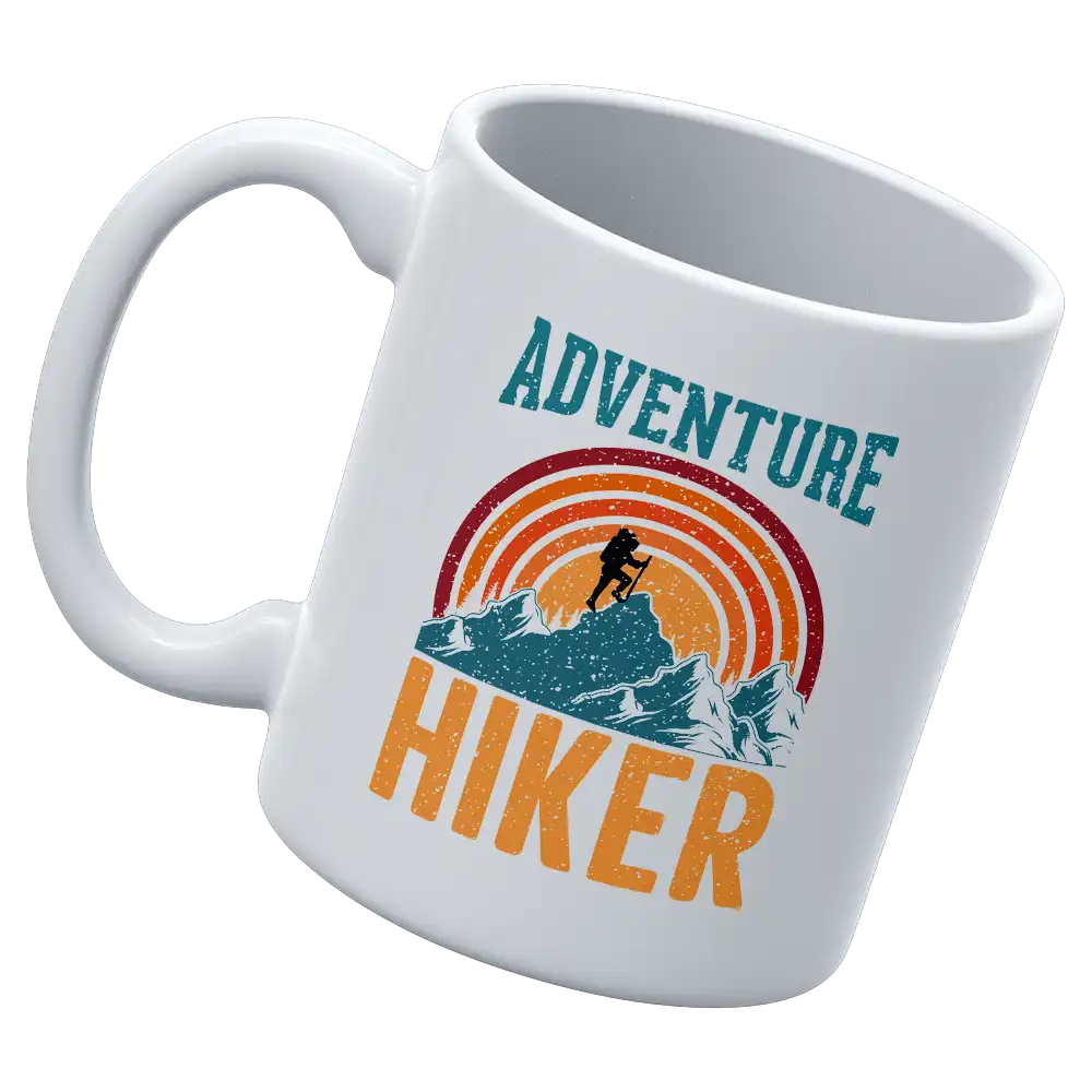 Adventure Hiker 11oz Mug with UV printed design, showcasing durability and style for outdoor enthusiasts.