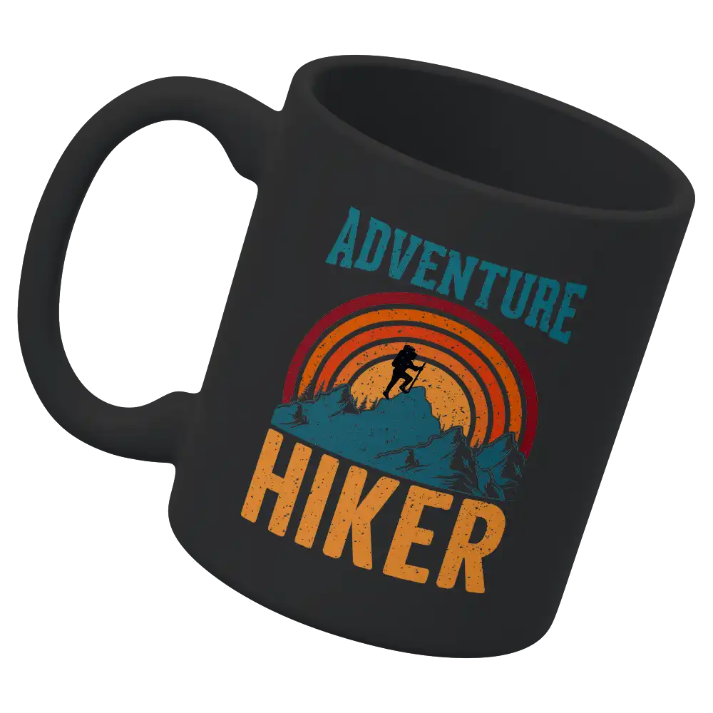 Adventure Hiker 11oz Mug with UV printed design, showcasing durability and style for outdoor enthusiasts.