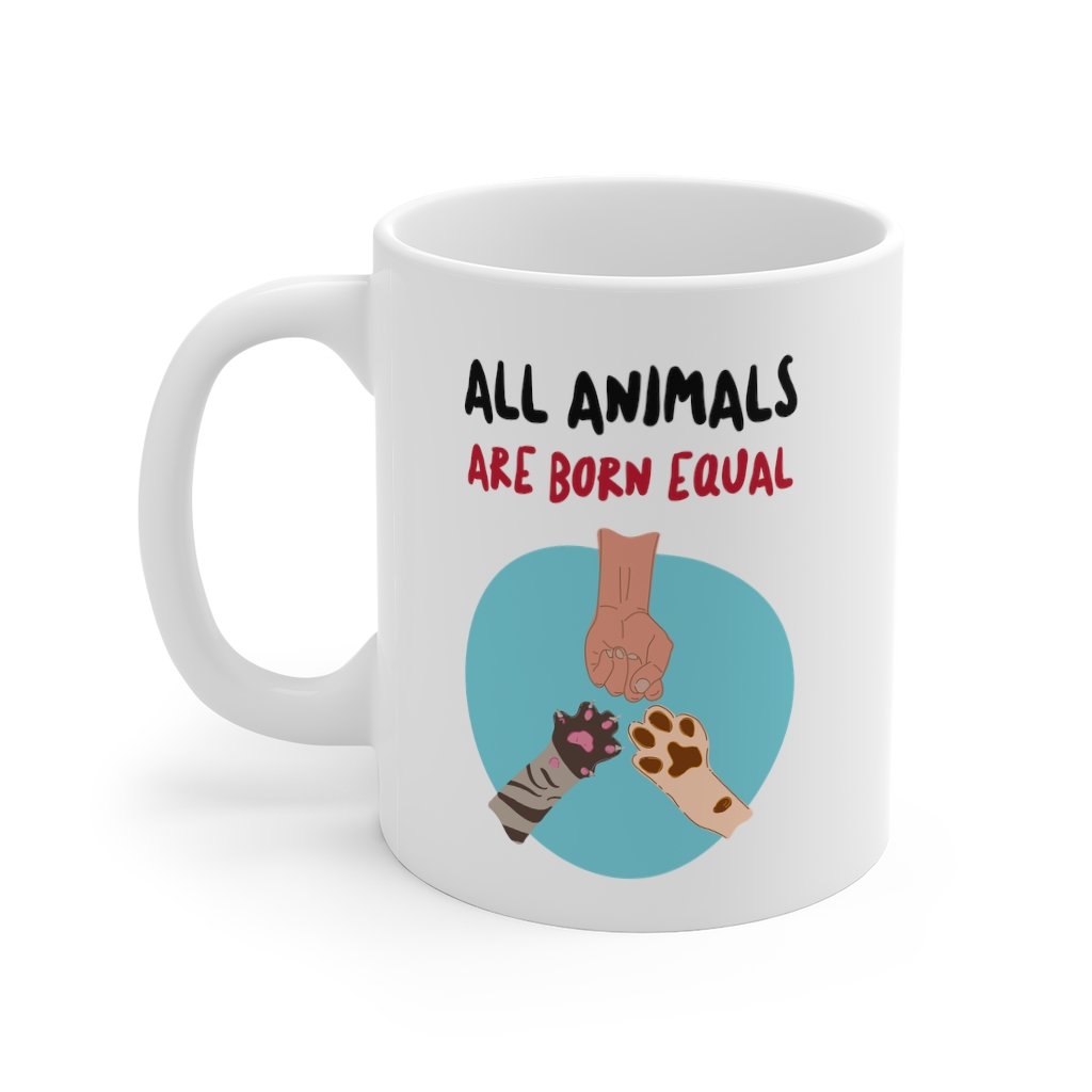 All Animals Are Born Equal Mug, white ceramic with rounded corners and C-handle, perfect for coffee, tea, and hot chocolate.