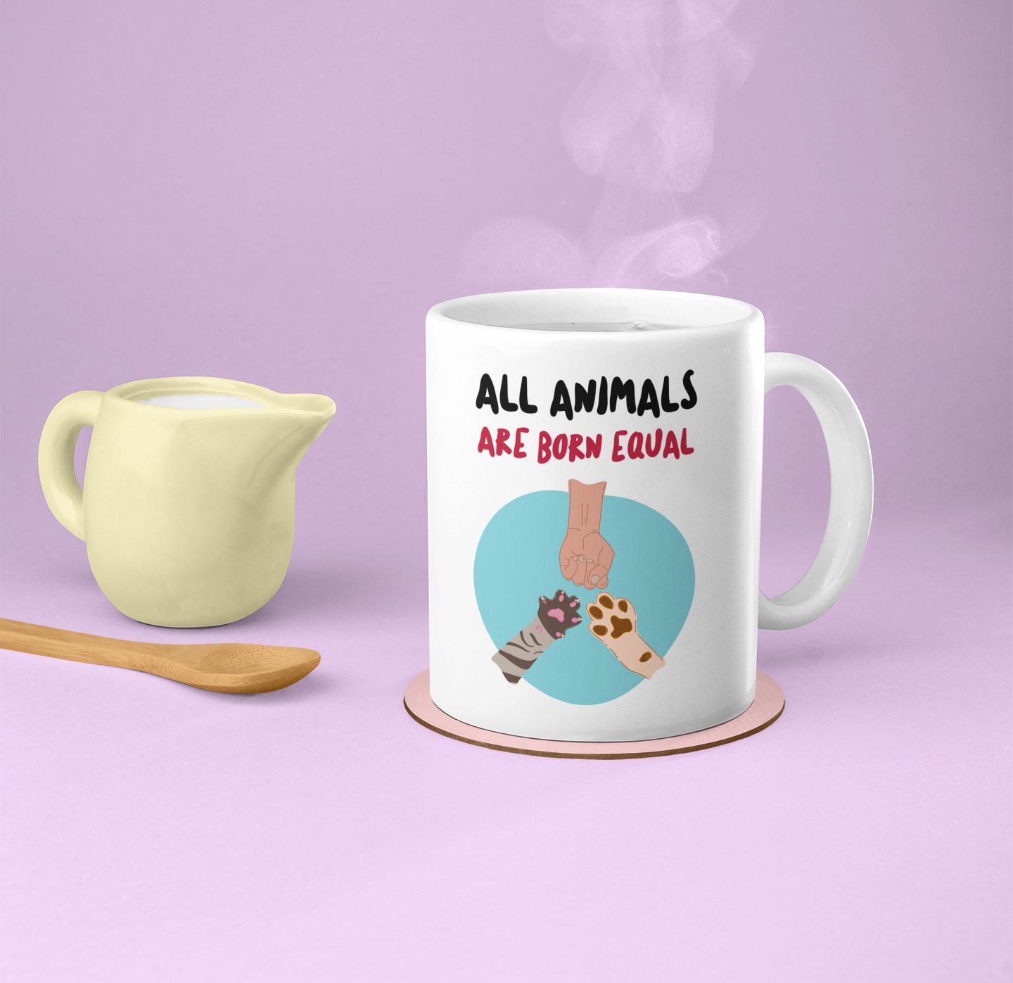 All Animals Are Born Equal Mug, white ceramic with rounded corners and C-handle, perfect for coffee, tea, and hot chocolate.