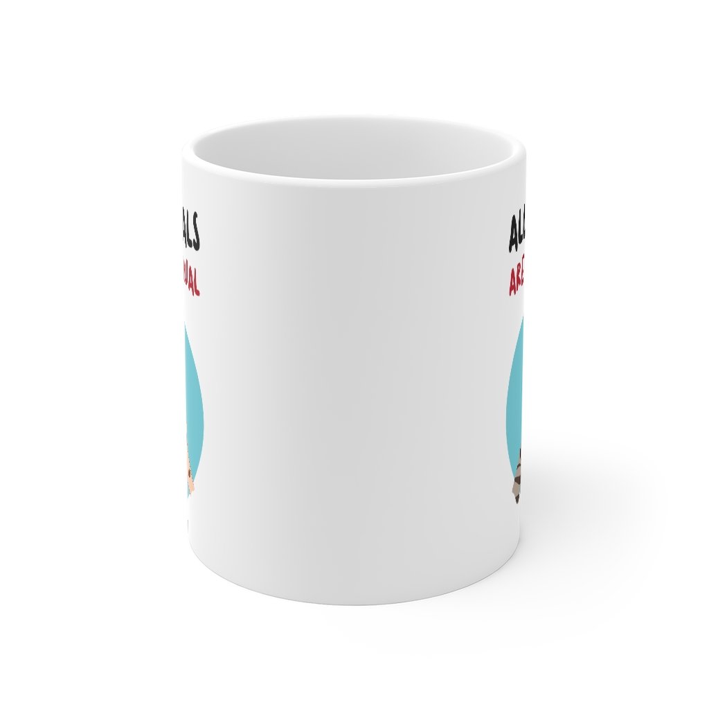 All Animals Are Born Equal Mug, white ceramic with rounded corners and C-handle, perfect for coffee, tea, and hot chocolate.