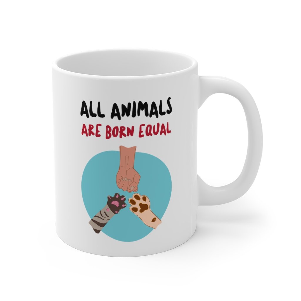 All Animals Are Born Equal Mug, white ceramic with rounded corners and C-handle, perfect for coffee, tea, and hot chocolate.