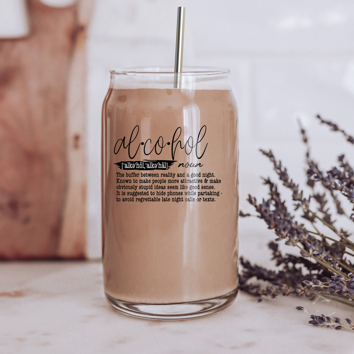 Alcohol Definition Set featuring high borosilicate glass cups with bamboo lids and stainless steel straws, perfect for various beverages.