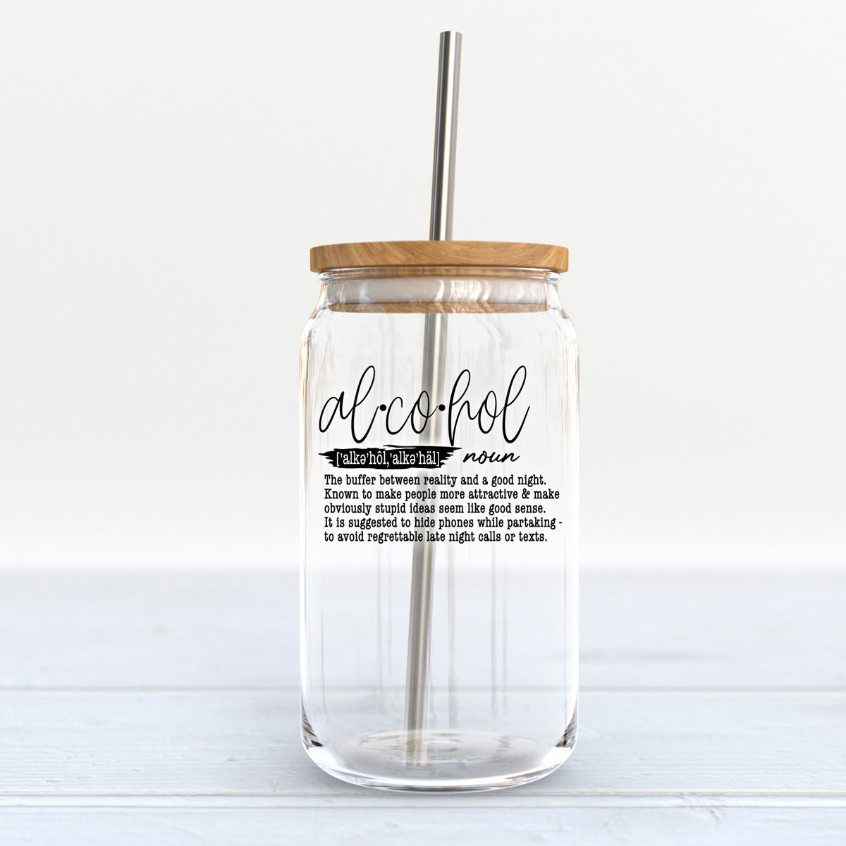 Alcohol Definition Set featuring high borosilicate glass cups with bamboo lids and stainless steel straws, perfect for various beverages.