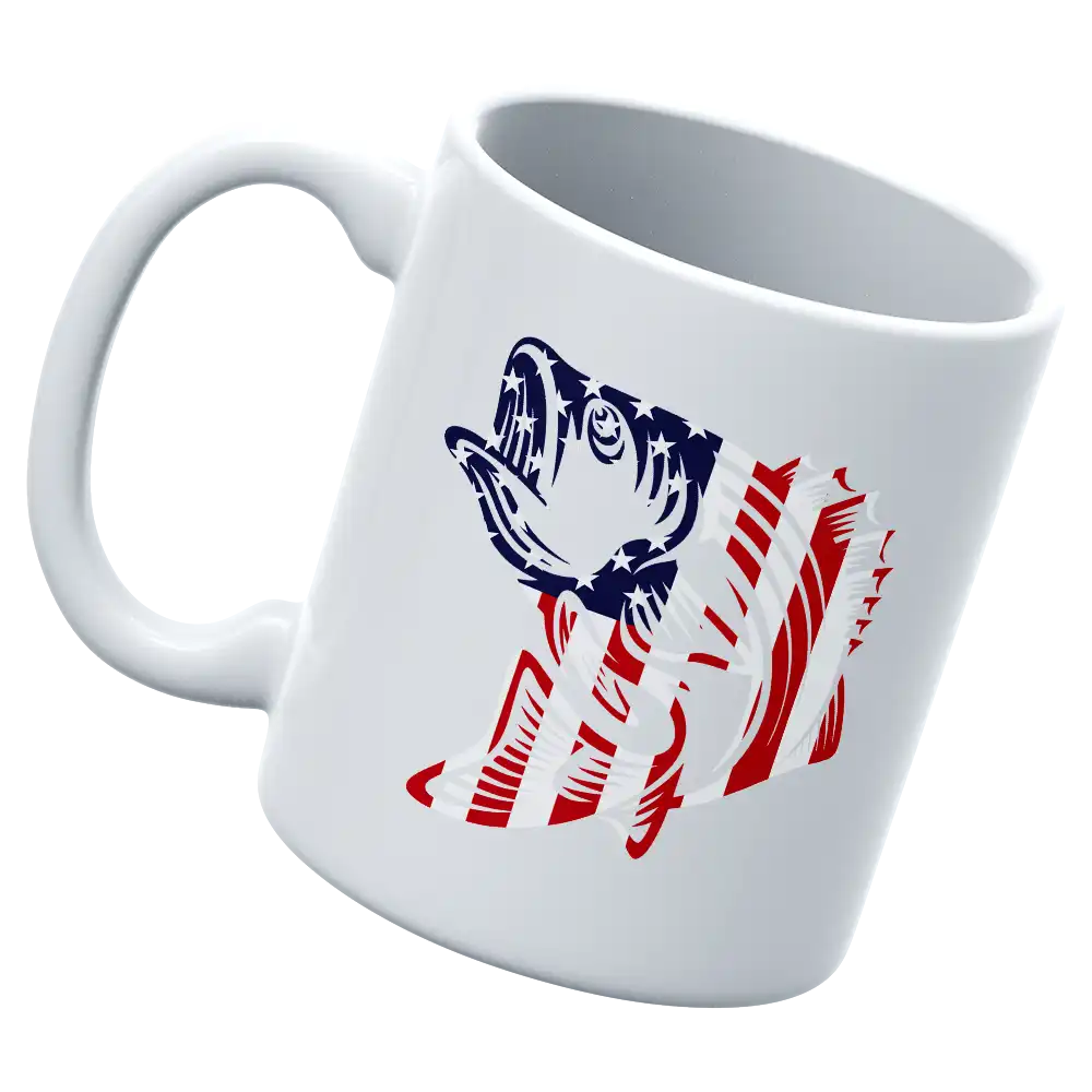 American Flag Fish 11oz Mug with vibrant UV printed design, showcasing a patriotic theme and durable ceramic material.