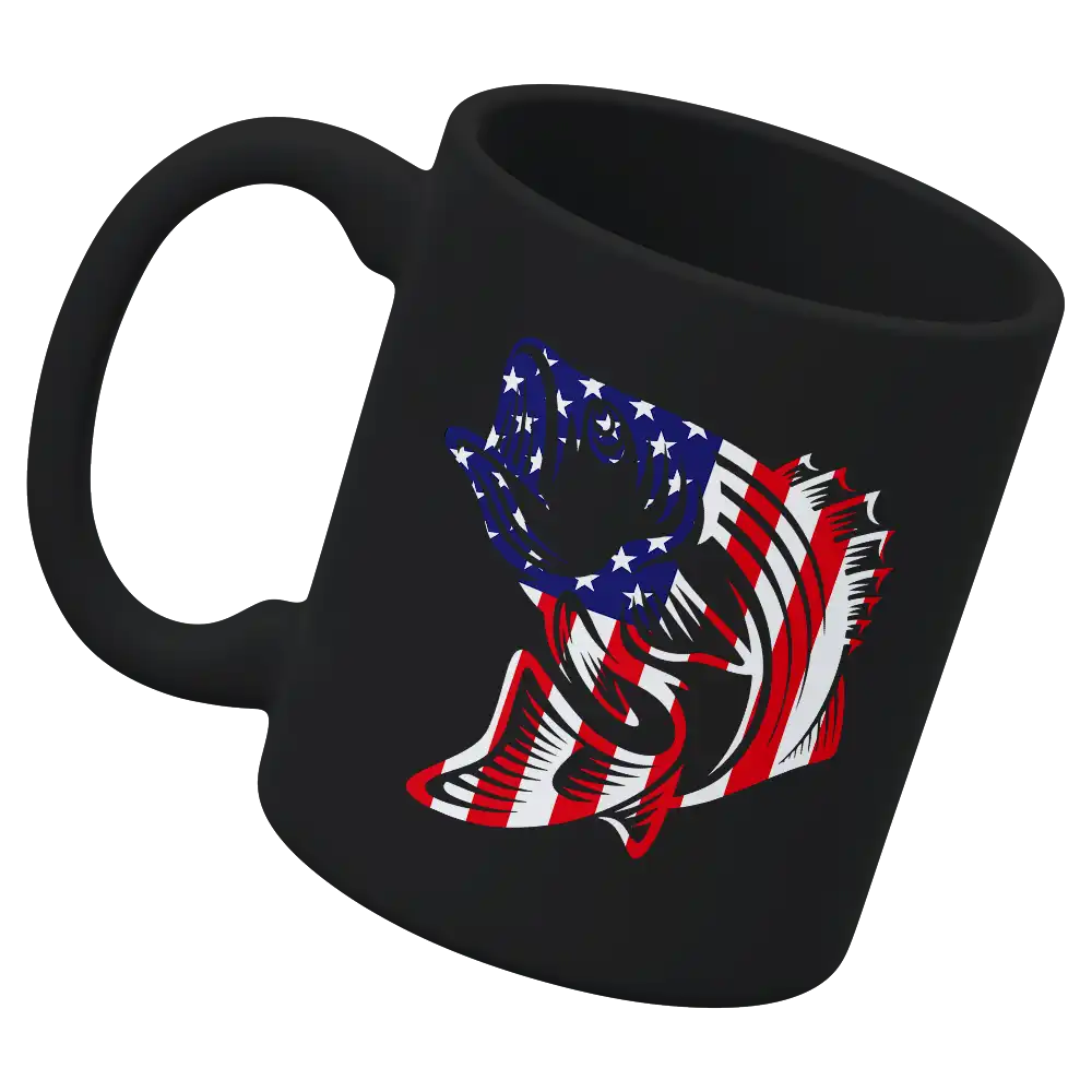 American Flag Fish 11oz Mug with vibrant UV printed design, showcasing a patriotic theme and durable ceramic material.